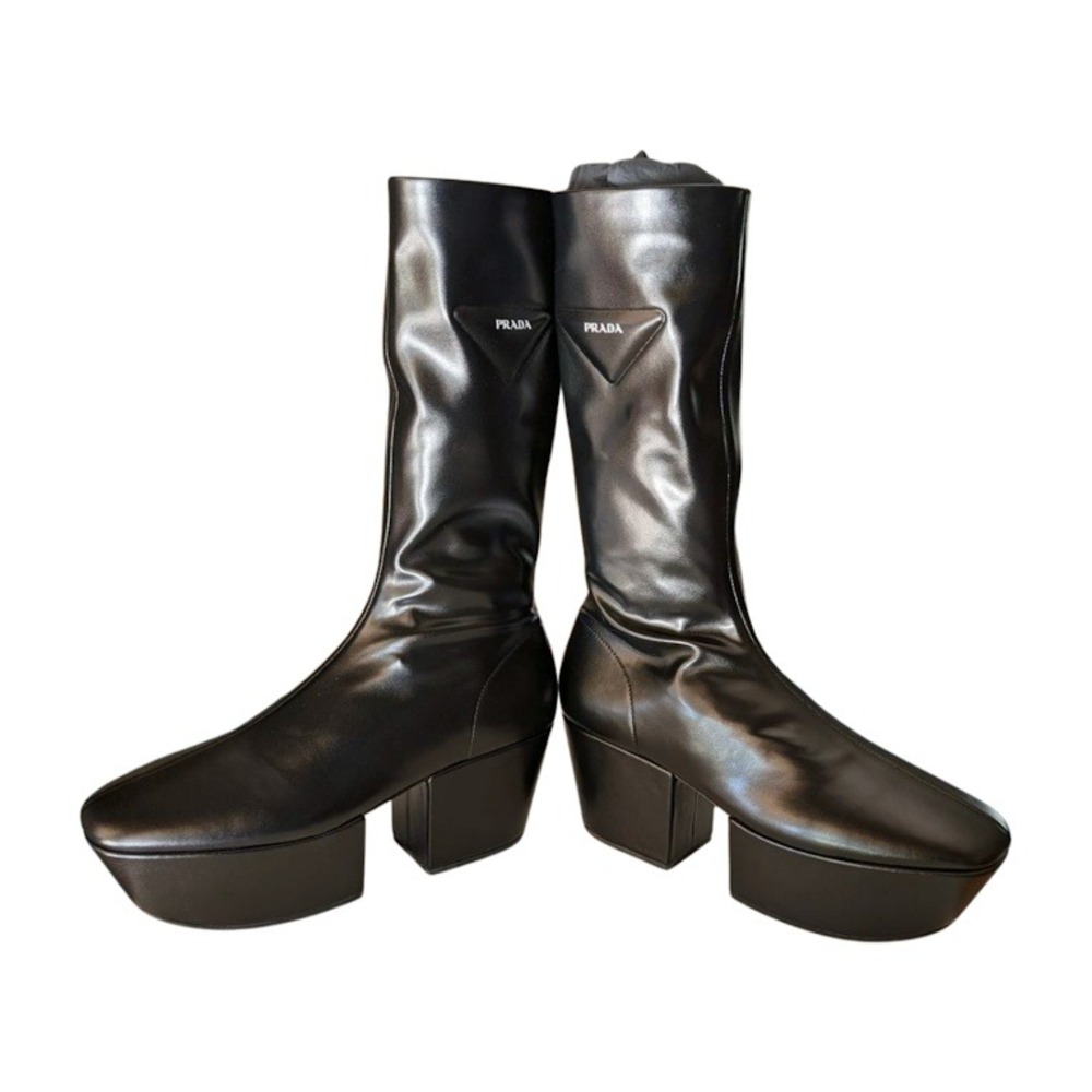 NIB PRADA Black Platform Square Toe Mid Calf Leather Sock Boots Size 39 - Picture 4 of 12